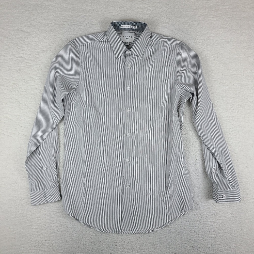 C LAB NYC Dress Shirt Mens Medium 15.5 33/34 Gray Striped 4 Way Stretch Slim Fit